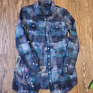 Miss Me Plaid Flannel Embroidered Embellished Button Down Long‎ Sleeve Medium